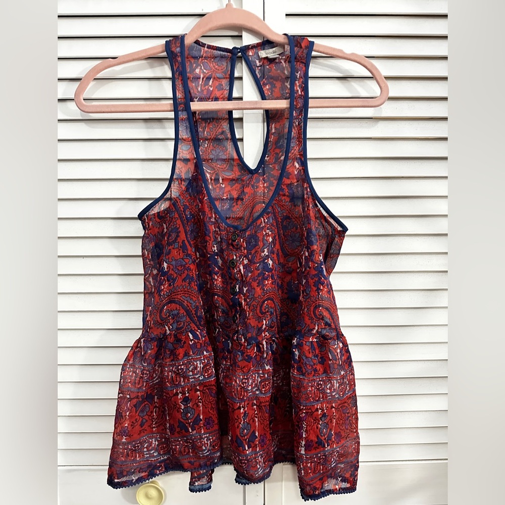 Ecote Red and Blue Sheer Paisley Blouse